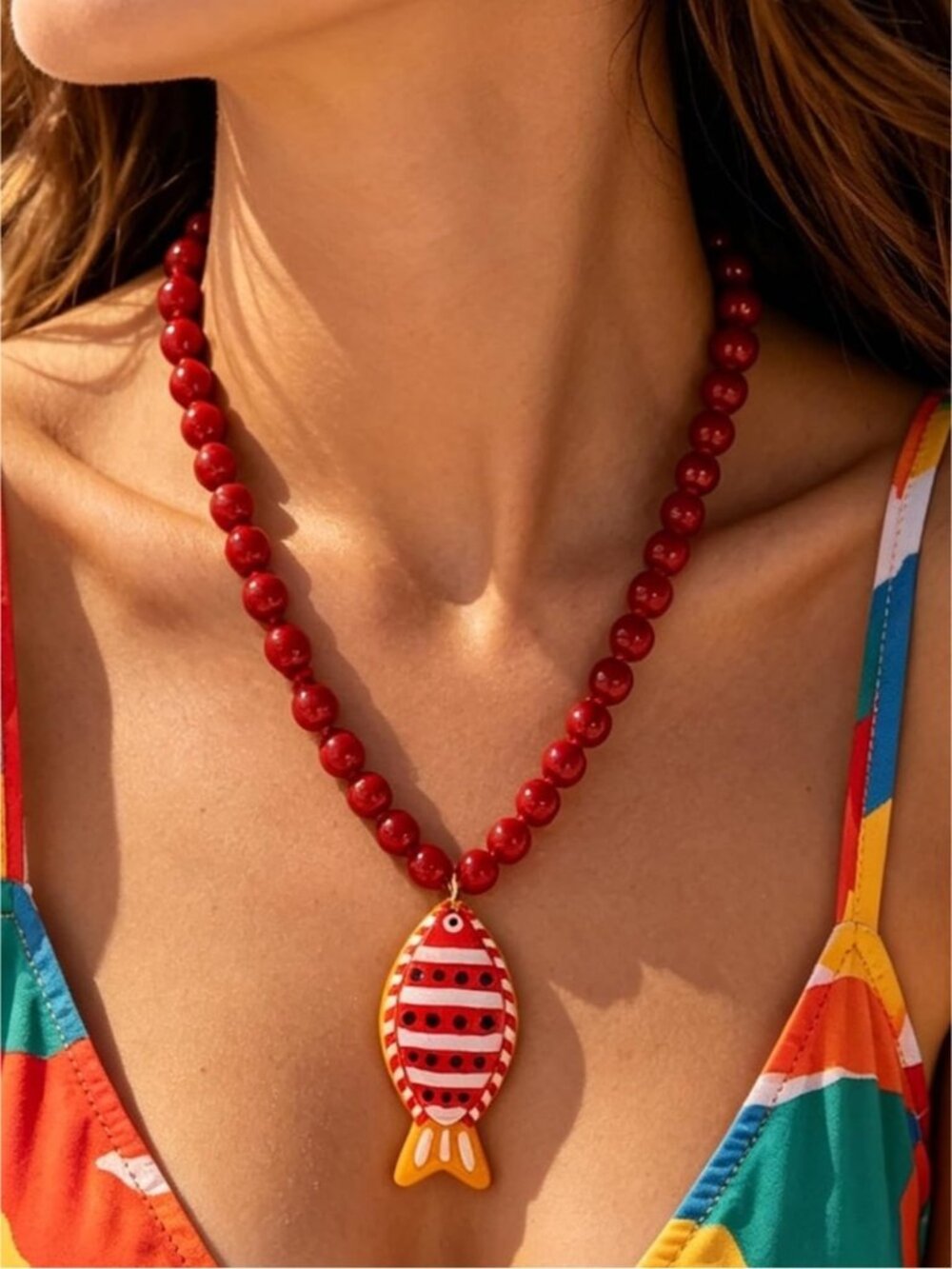 Coastal Beaded Fish Dopamine Pendant Necklace